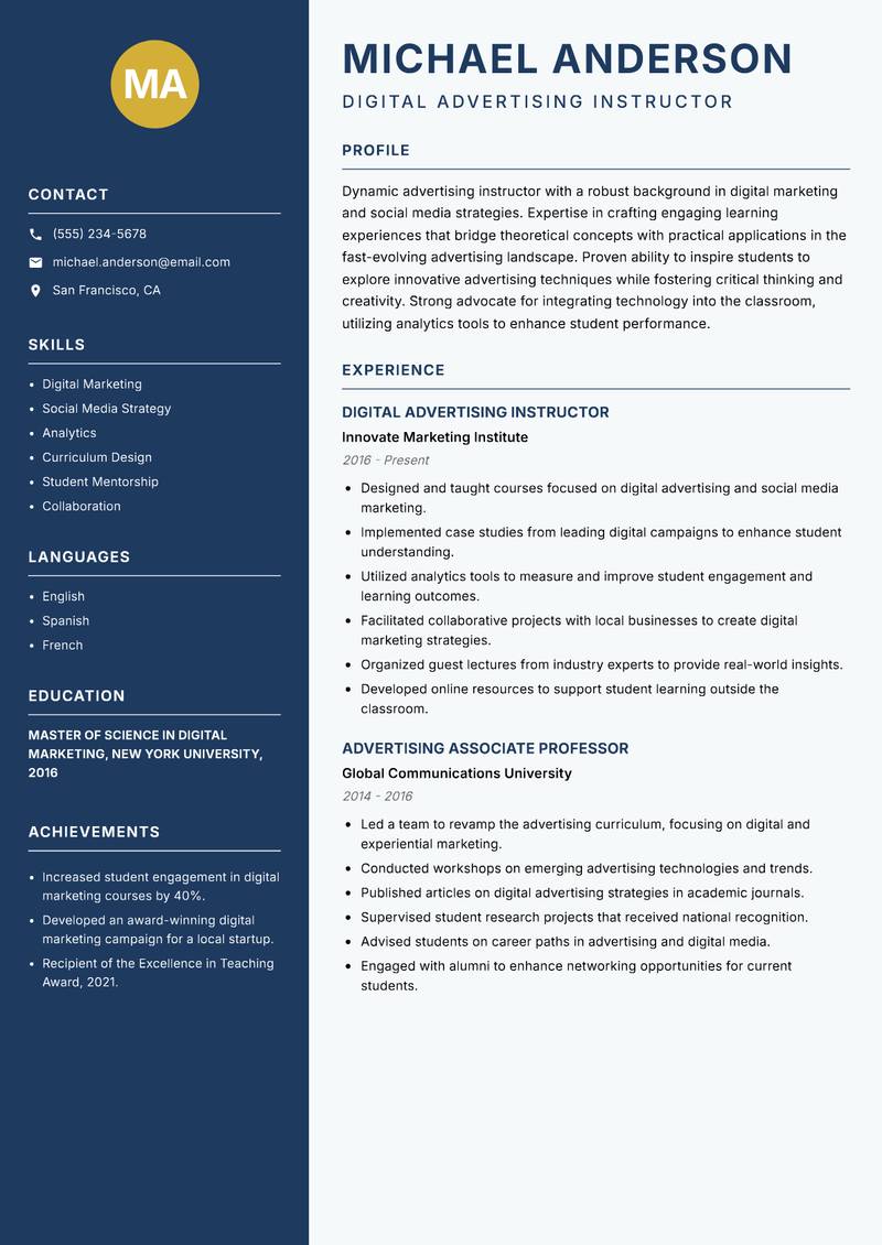 Advertising Instructor resume sample — Digital Advertising Instructor focus