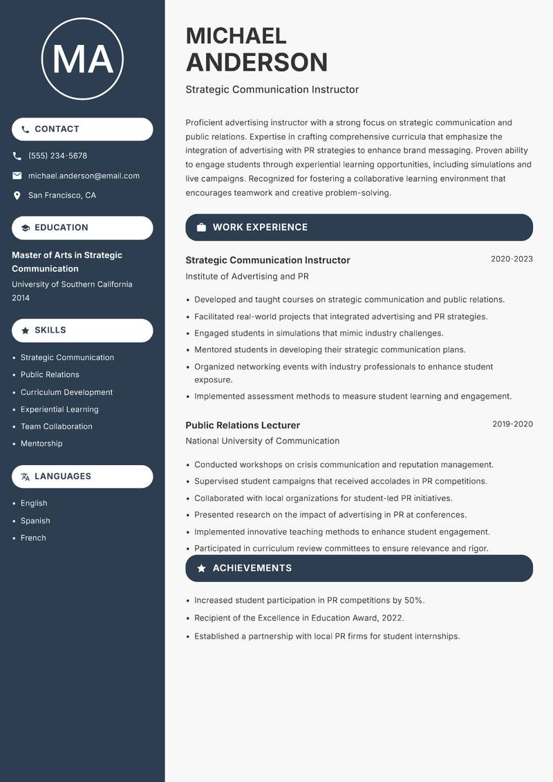Advertising Instructor resume sample — Strategic Communication Instructor focus