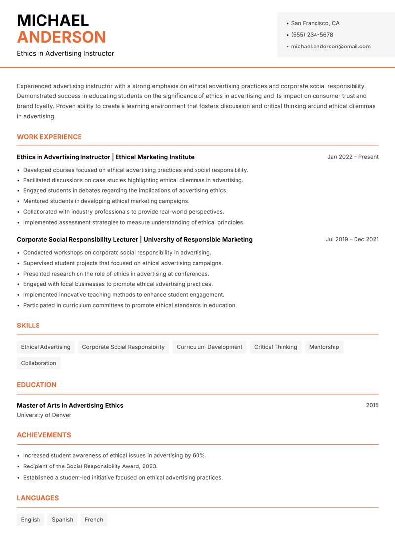 Advertising Instructor resume sample — Ethics in Advertising Instructor focus