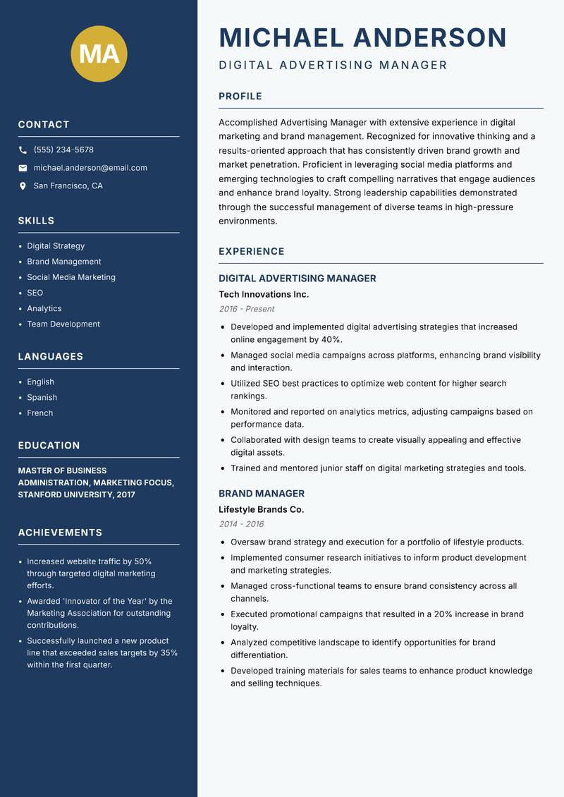 Advertising Manager resume sample — Digital Advertising Manager focus