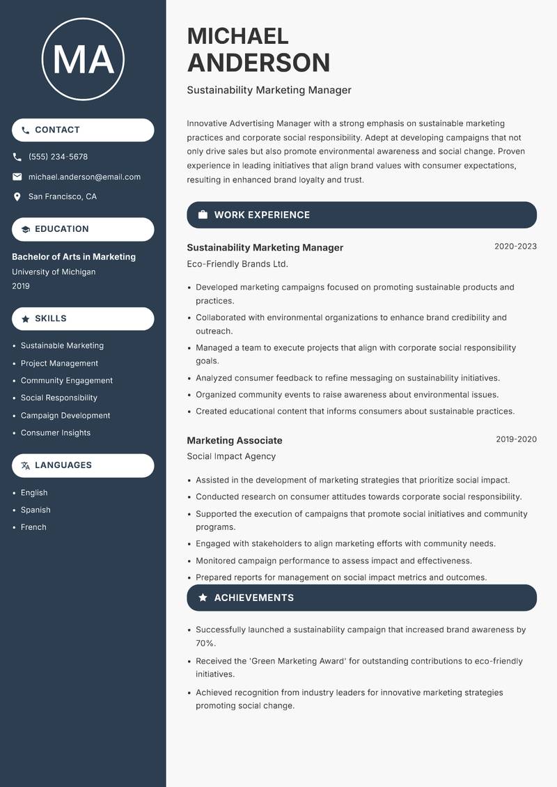 Advertising Manager resume sample — Sustainability Marketing Manager focus