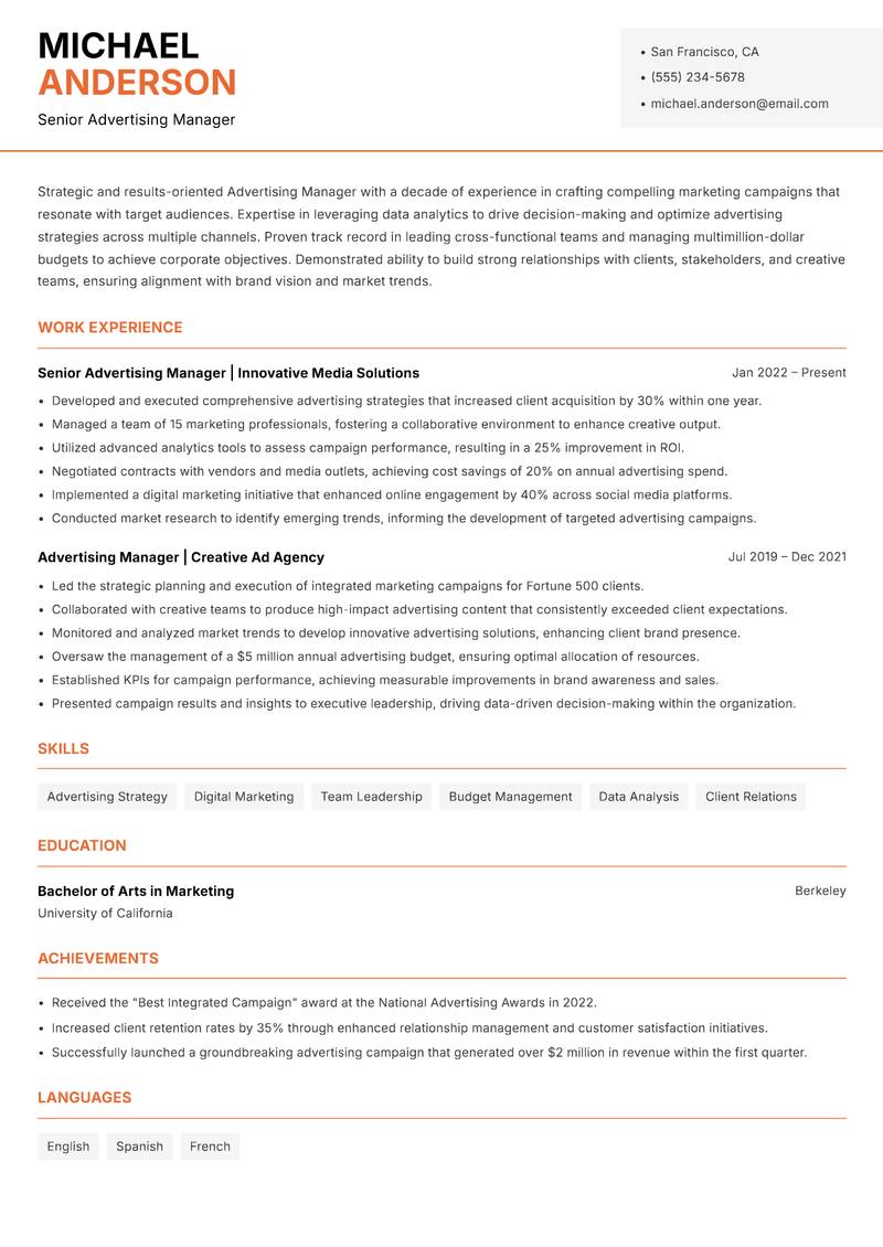 Advertising Manager resume sample — Senior Advertising Manager focus