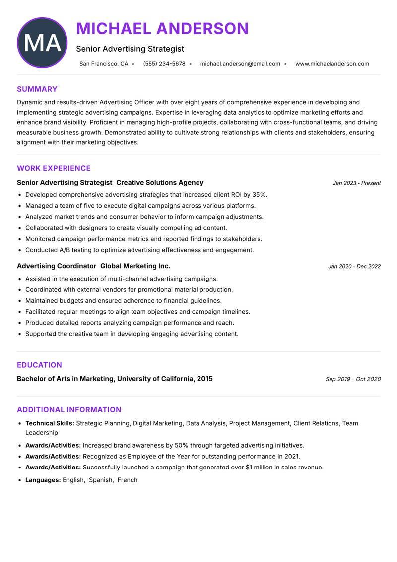 Advertising Officer resume example
