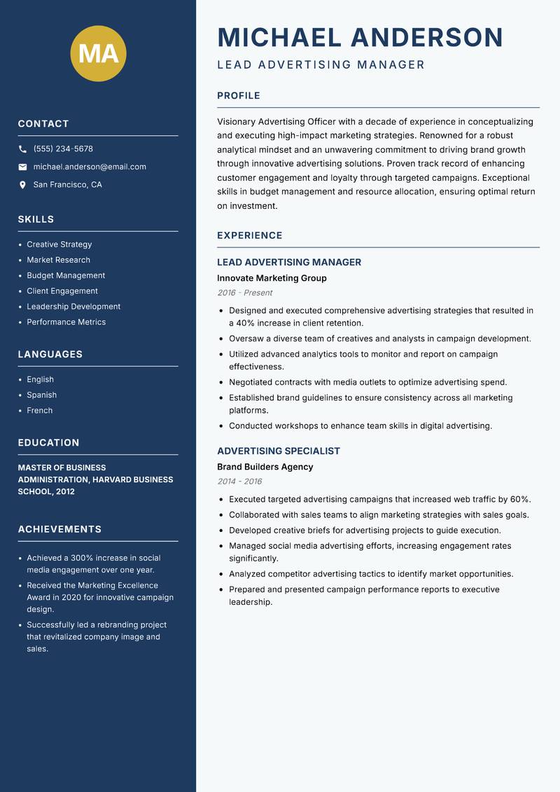 Advertising Officer resume sample — Lead Advertising Manager focus