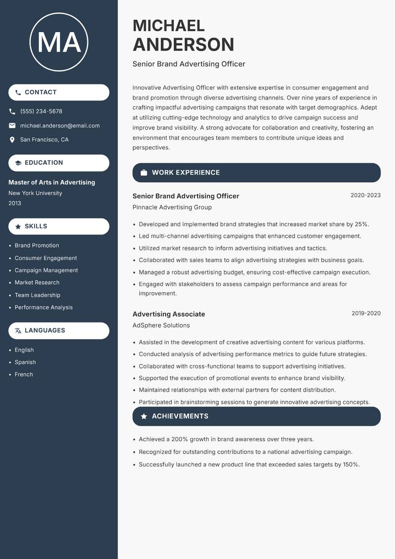 Advertising Officer resume sample — Senior Brand Advertising Officer focus
