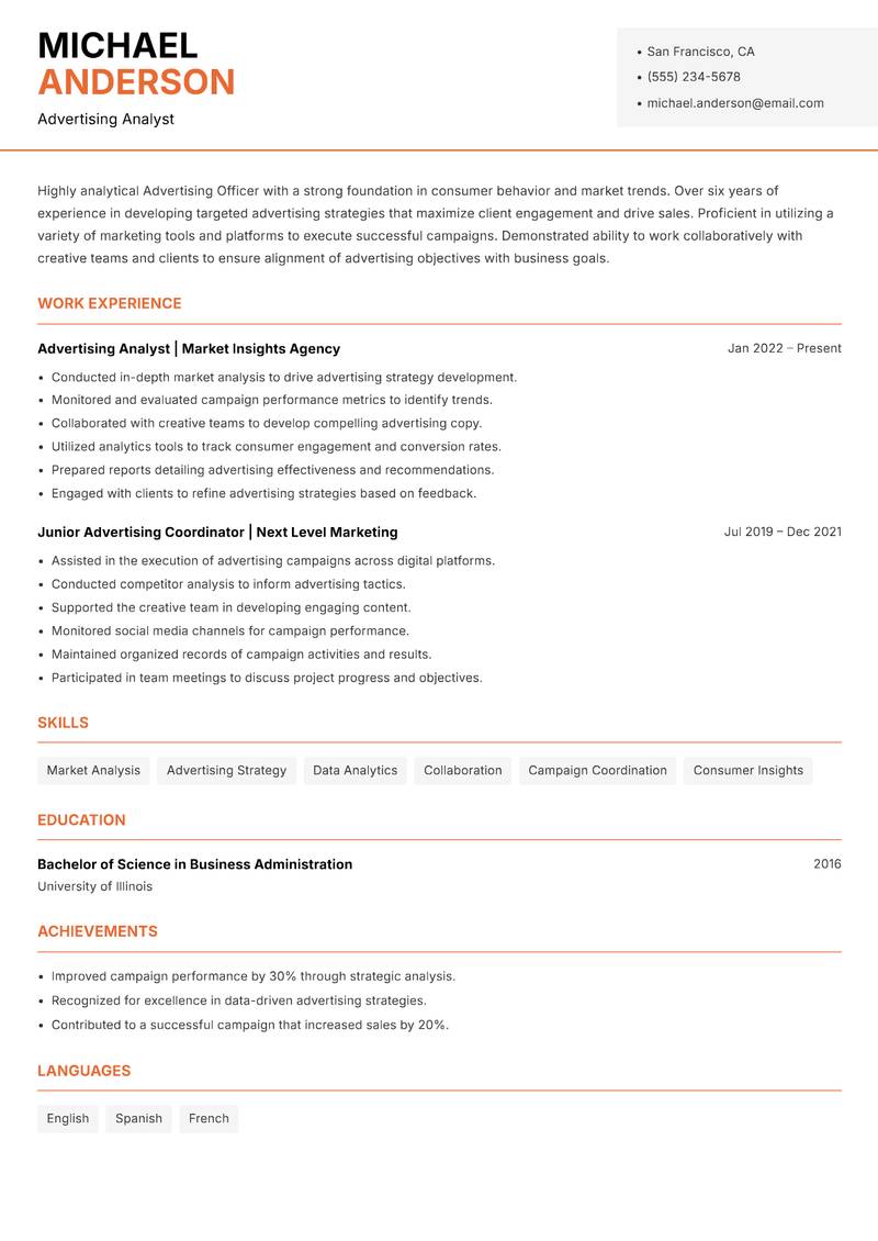 Advertising Officer resume sample — Advertising Analyst focus