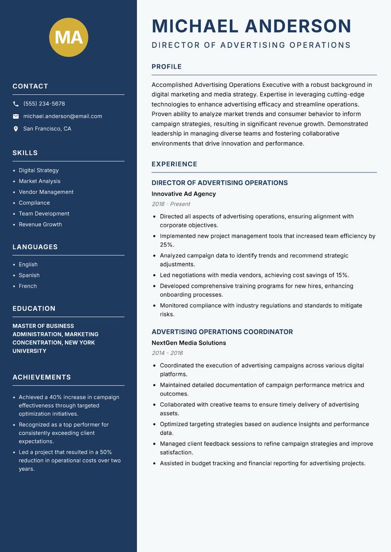 Advertising Operations Executive resume sample — Director of Advertising Operations focus