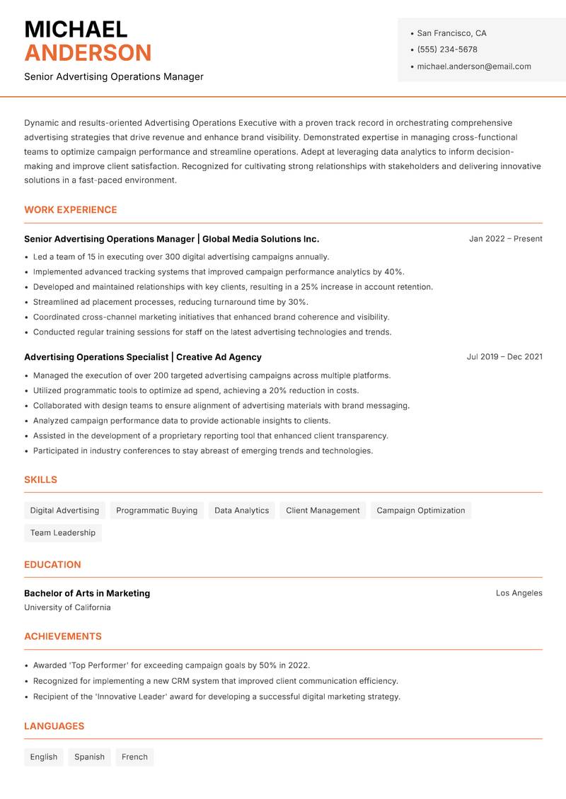 Advertising Operations Executive resume sample — Senior Advertising Operations Manager focus