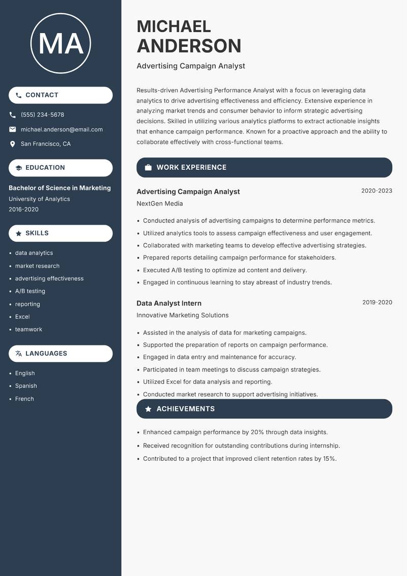 Advertising Performance Analyst resume sample — Advertising Campaign Analyst focus