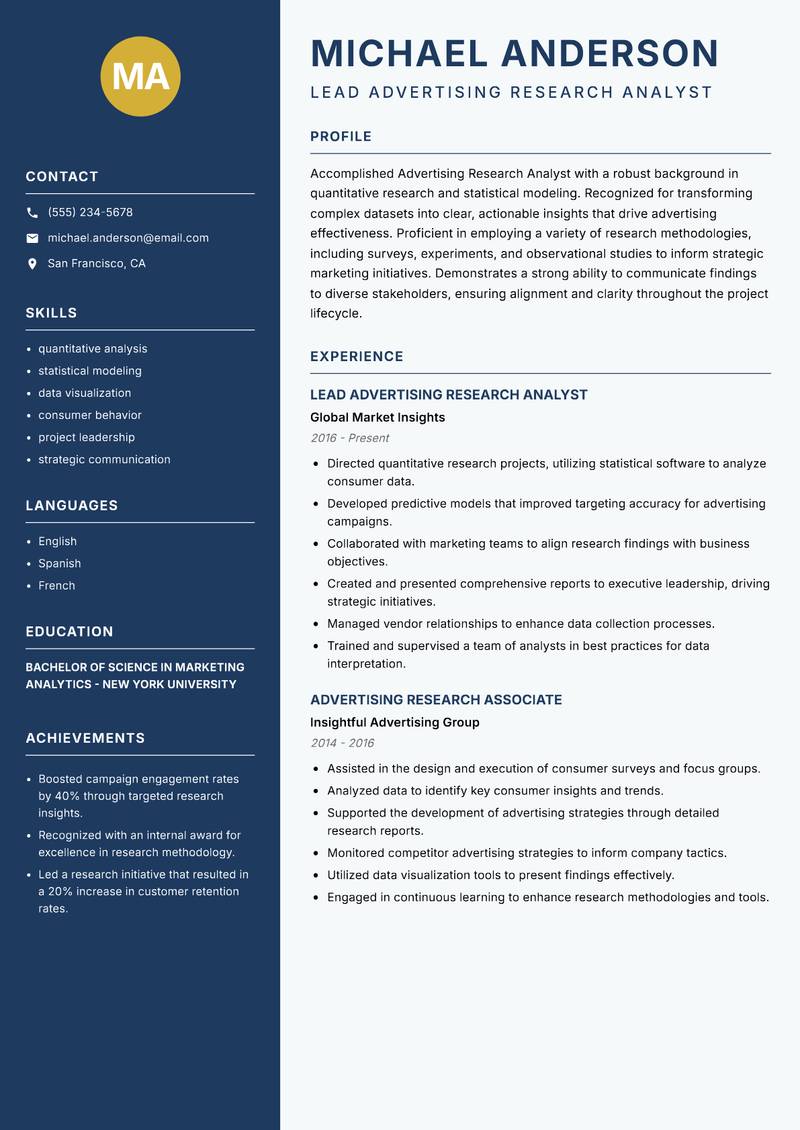 Advertising Research Analyst resume sample — Lead Advertising Research Analyst focus