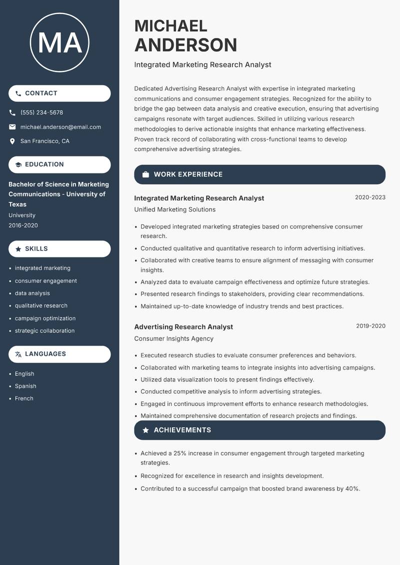 Advertising Research Analyst resume sample — Integrated Marketing Research Analyst focus