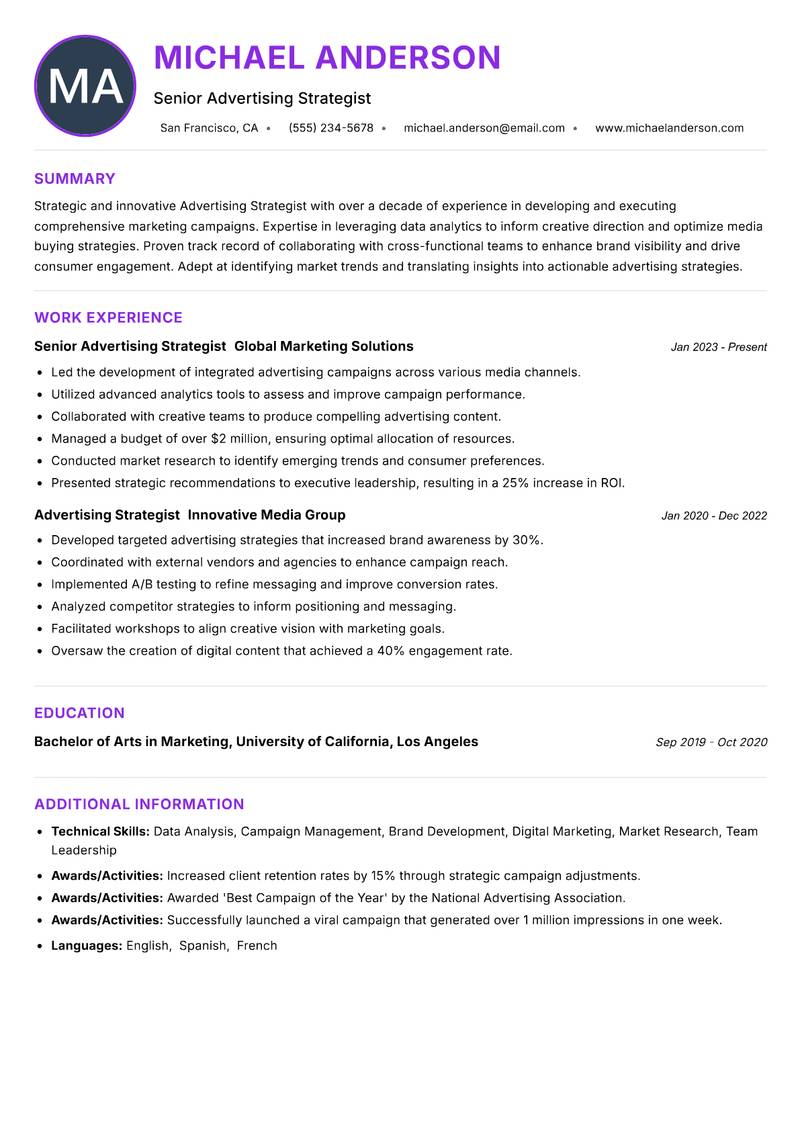 Advertising Strategist resume example