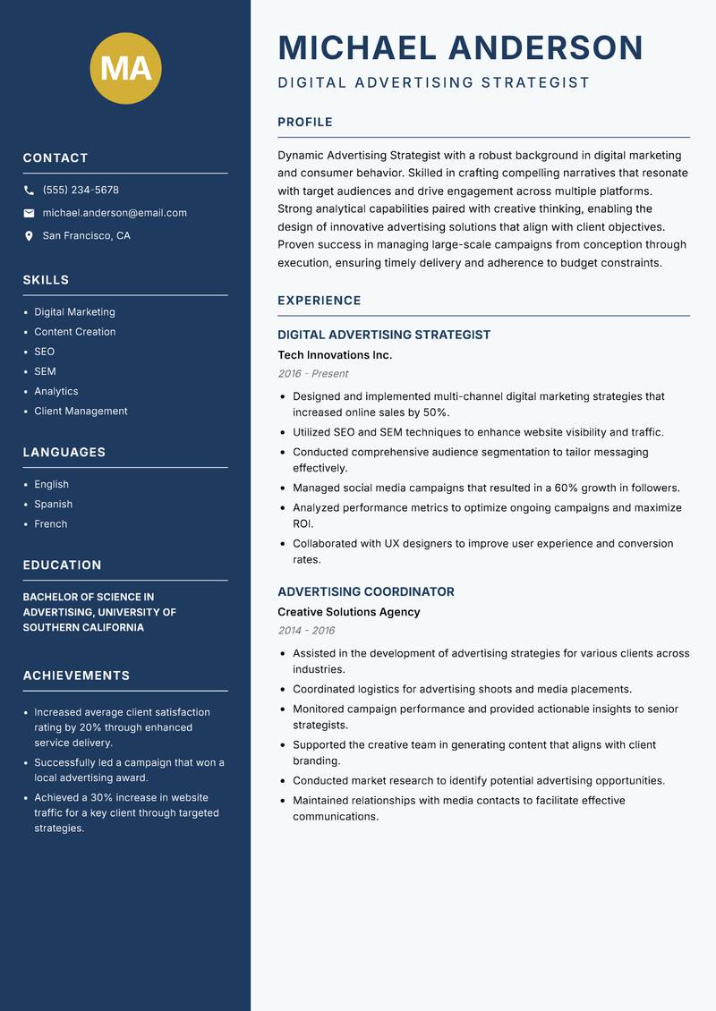 Advertising Strategist resume sample — Digital Advertising Strategist focus