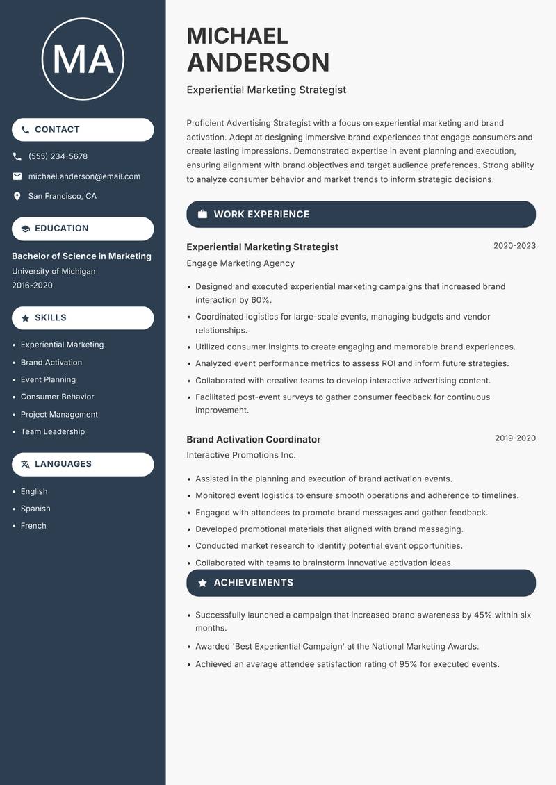 Advertising Strategist resume sample — Experiential Marketing Strategist focus