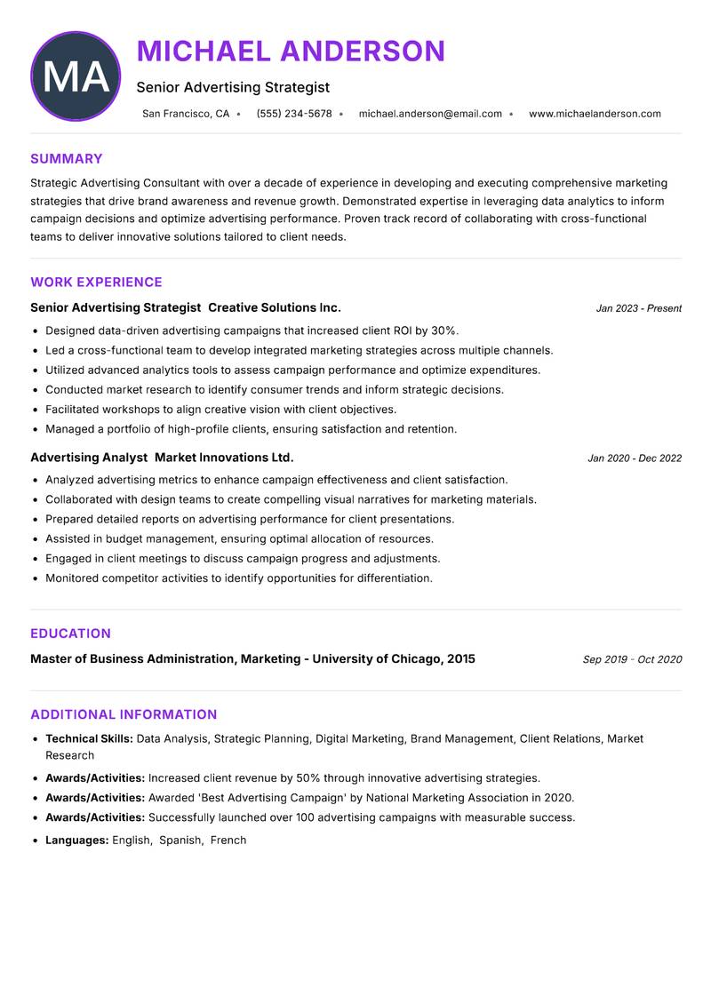 Advertising Strategy Consultant resume example