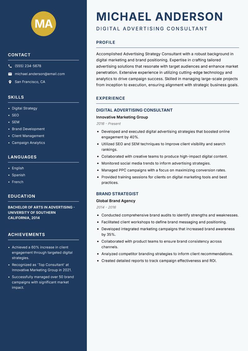 Advertising Strategy Consultant resume sample — Digital Advertising Consultant focus