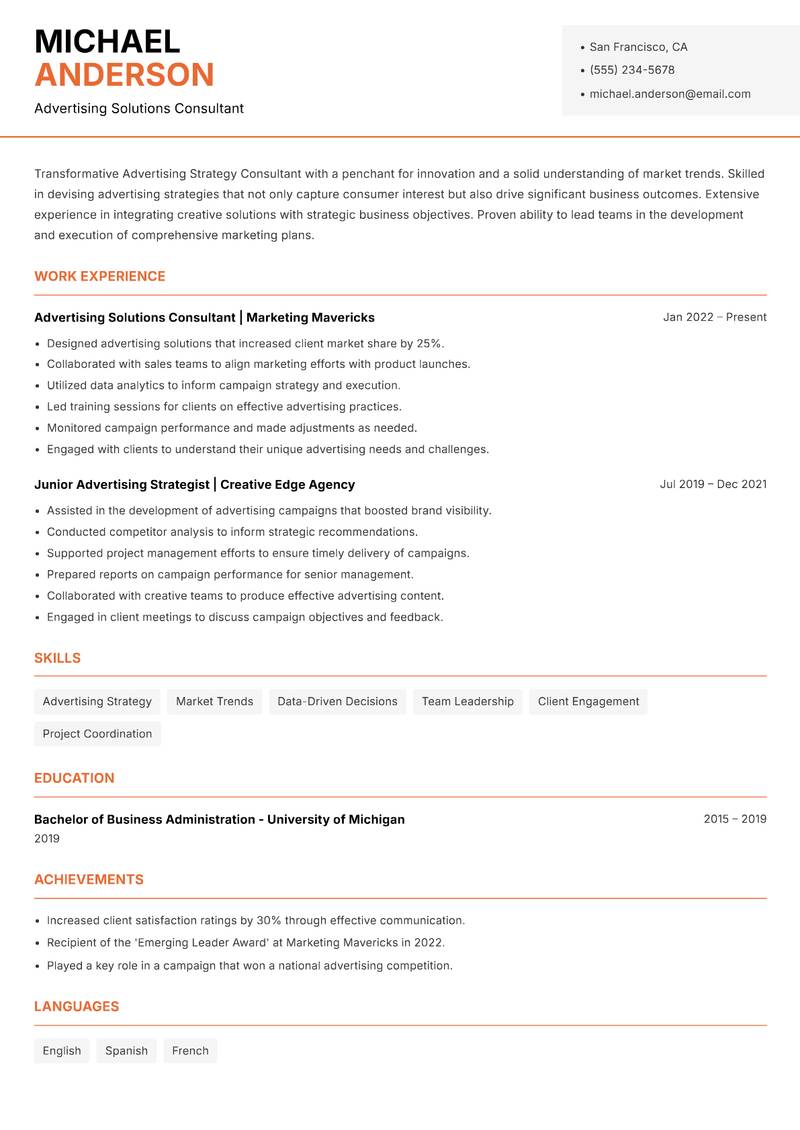 Advertising Strategy Consultant resume sample — Advertising Solutions Consultant focus