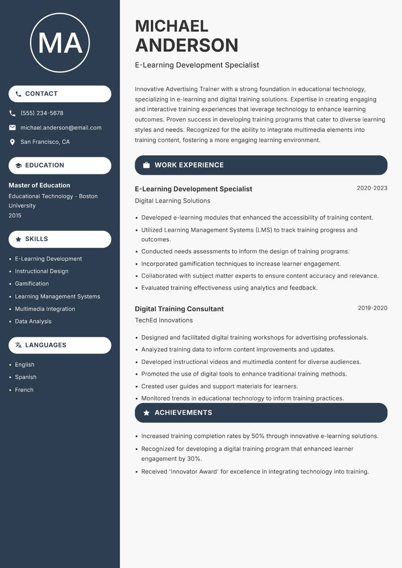 Advertising Trainer resume sample — E-Learning Development Specialist focus