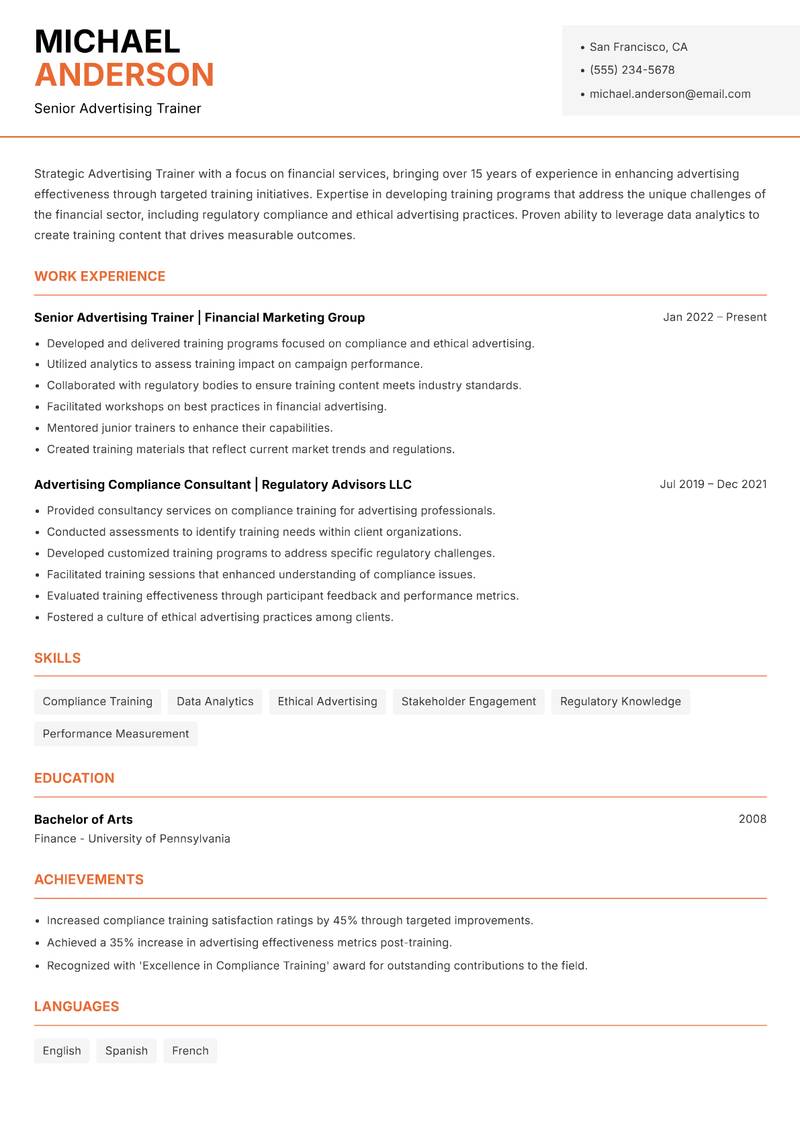 Advertising Trainer resume sample — Senior Advertising Trainer focus
