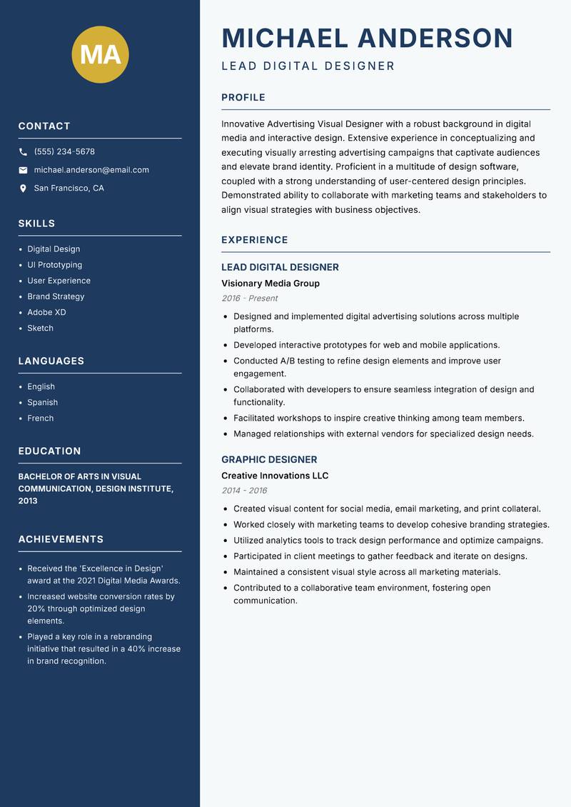 Advertising Visual Designer resume sample — Lead Digital Designer focus