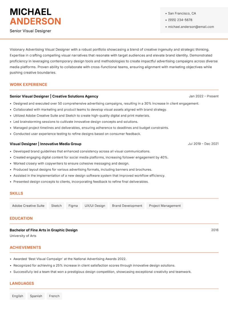 Advertising Visual Designer resume sample — Senior Visual Designer focus