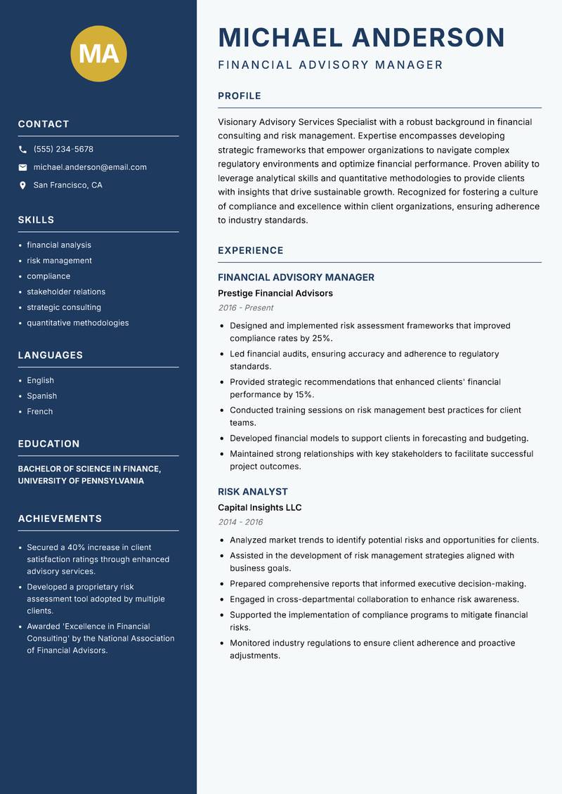 Advisory Services Specialist resume sample — Financial Advisory Manager focus