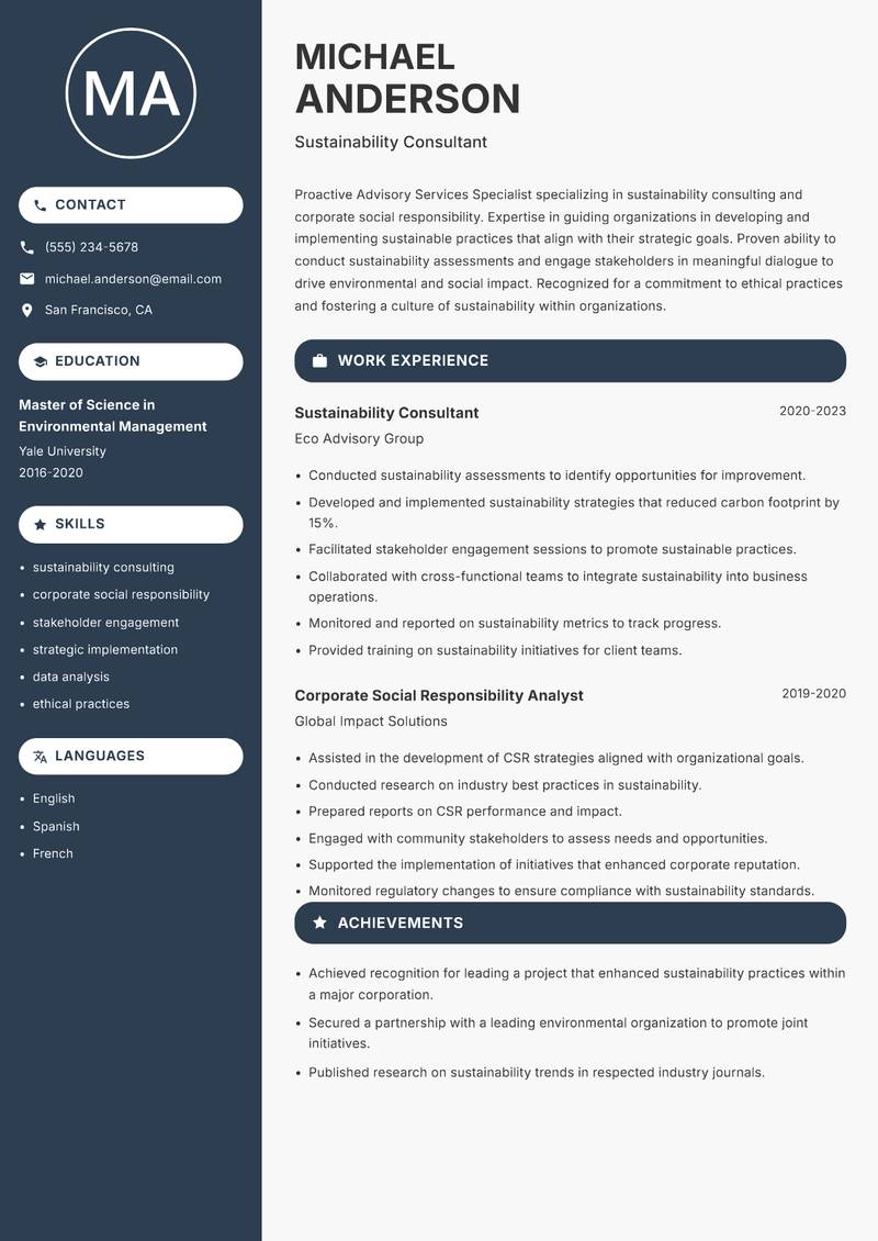 Advisory Services Specialist resume sample — Sustainability Consultant focus