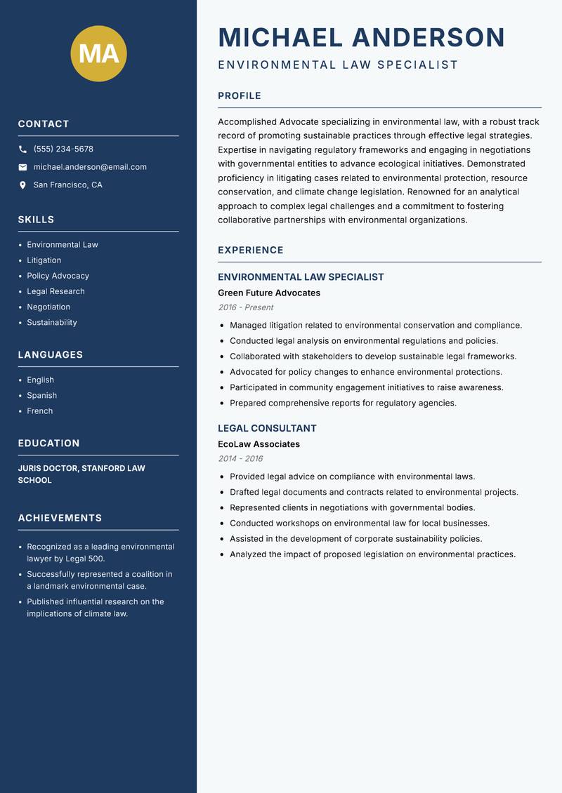 Advocate resume sample — Environmental Law Specialist focus