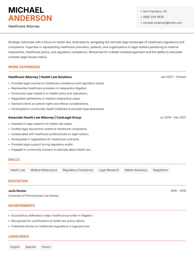 Advocate resume sample — Healthcare Attorney focus