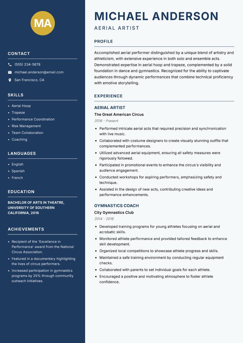 Aerial Performer resume sample — Aerial Artist focus