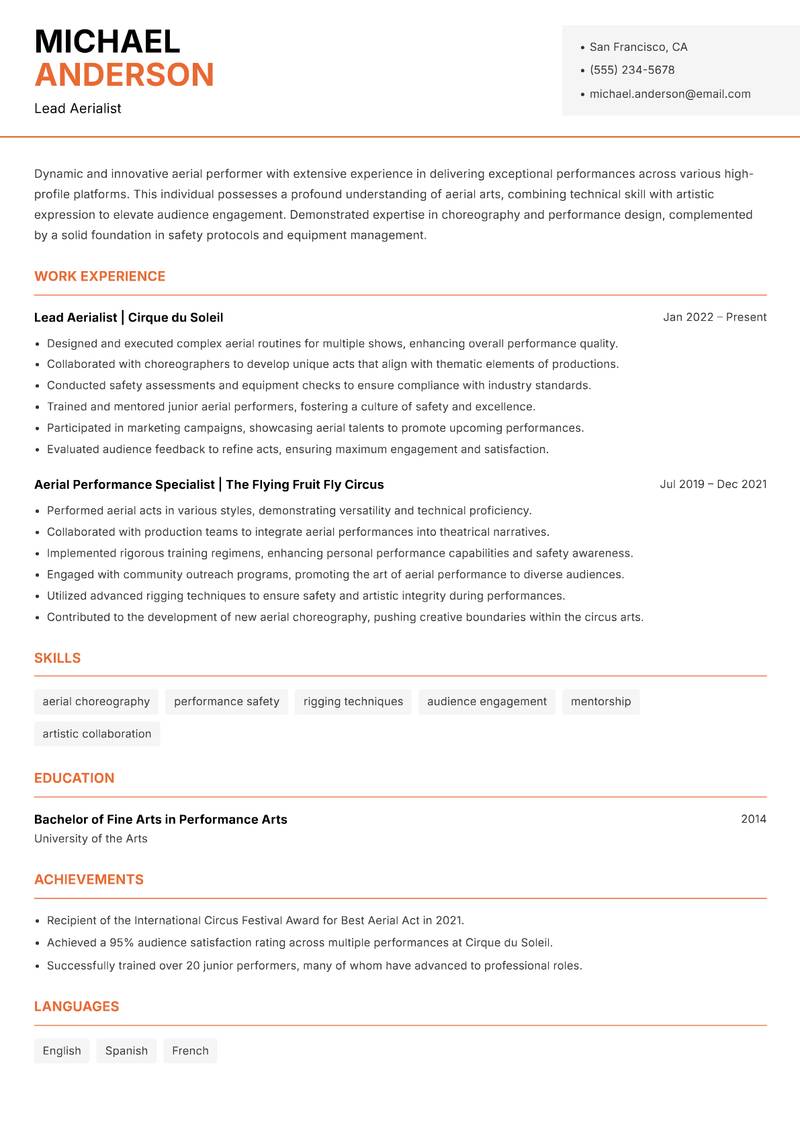 Aerial Performer resume sample — Lead Aerialist focus