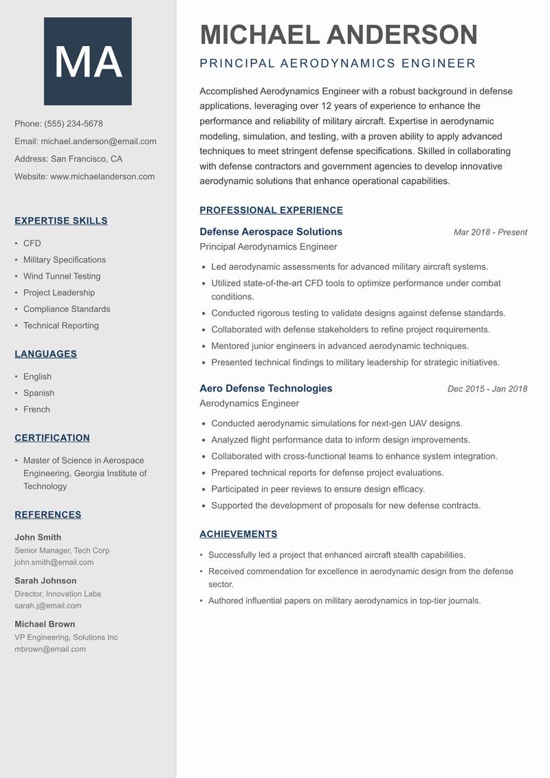Aerodynamics Engineer resume sample — Principal Aerodynamics Engineer focus