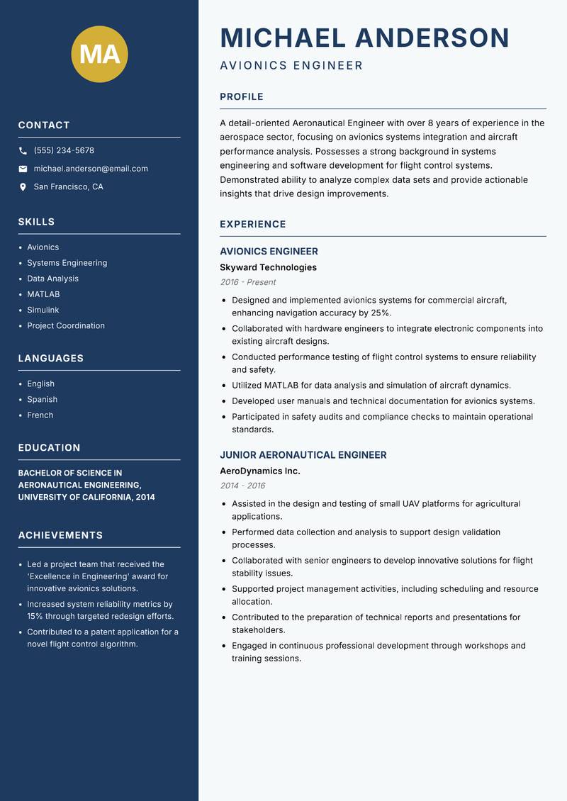 Aeronautical Engineer resume sample — Avionics Engineer focus