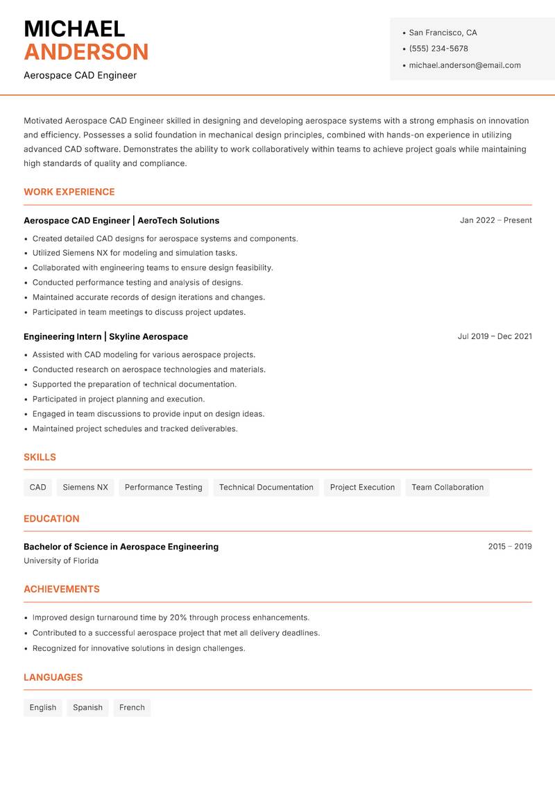 Aerospace CAD Engineer resume sample — Aerospace CAD Engineer focus