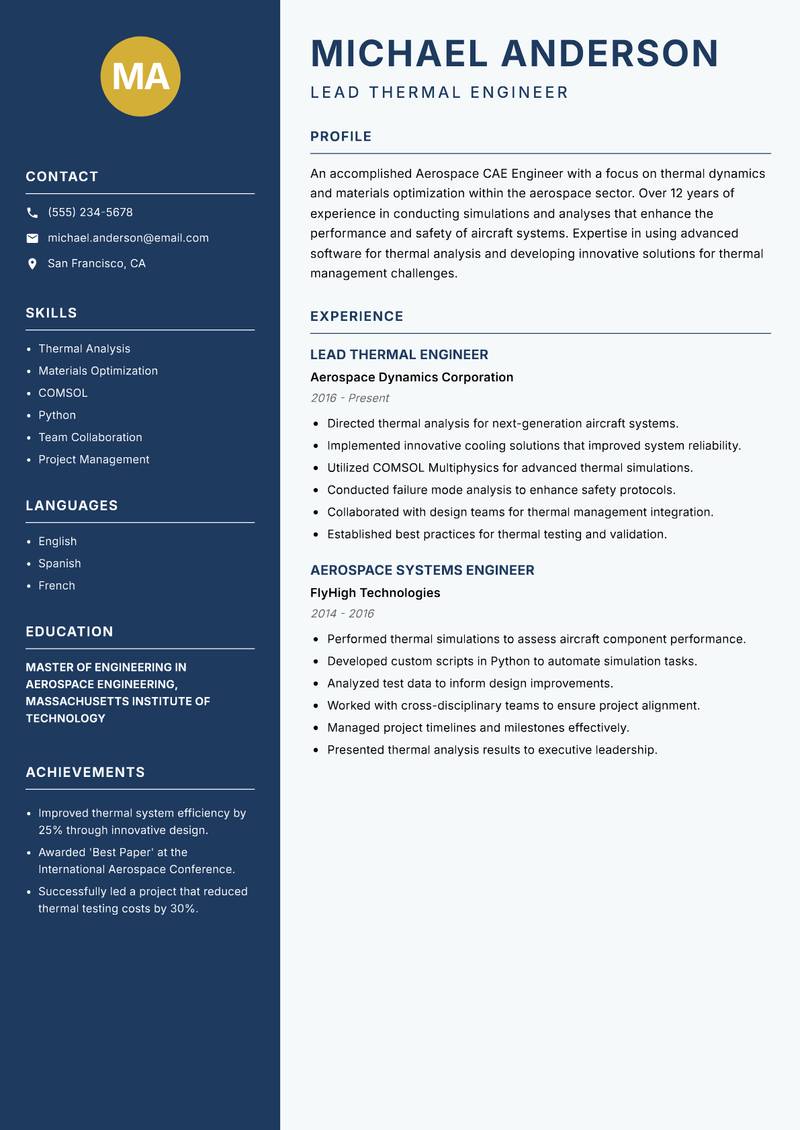 Aerospace CAE Engineer resume sample — Lead Thermal Engineer focus