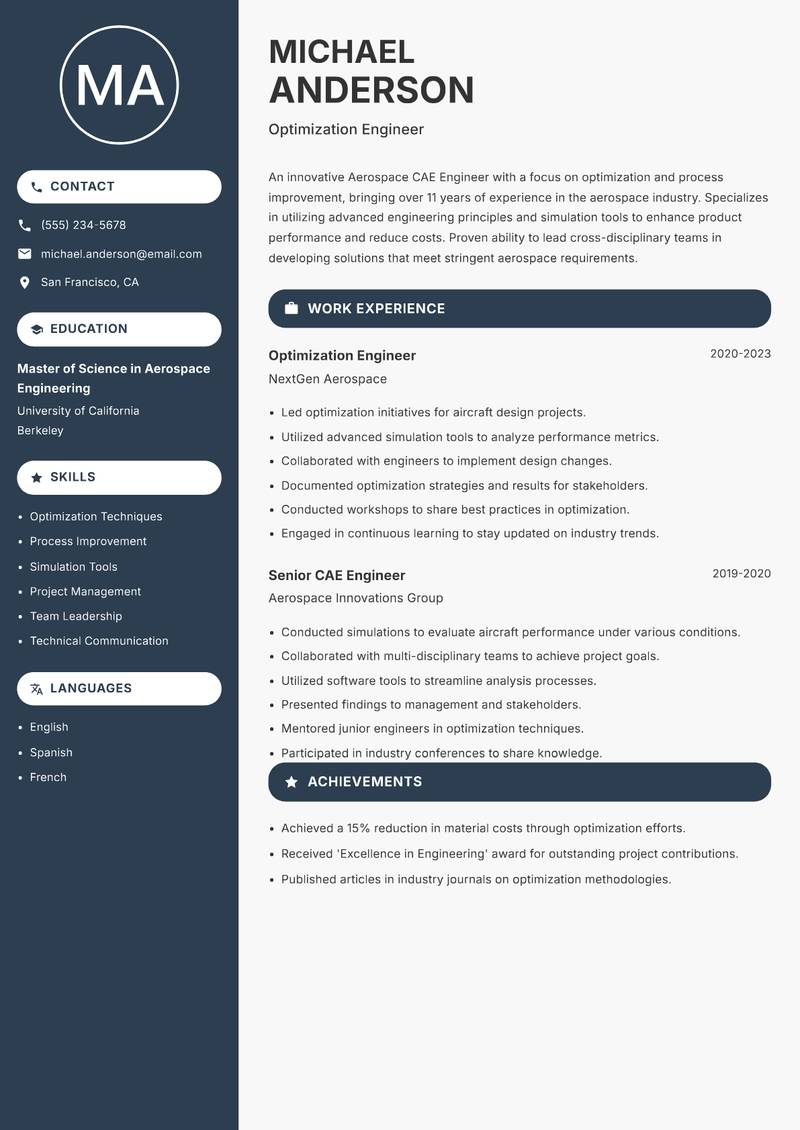 Aerospace CAE Engineer resume sample — Optimization Engineer focus