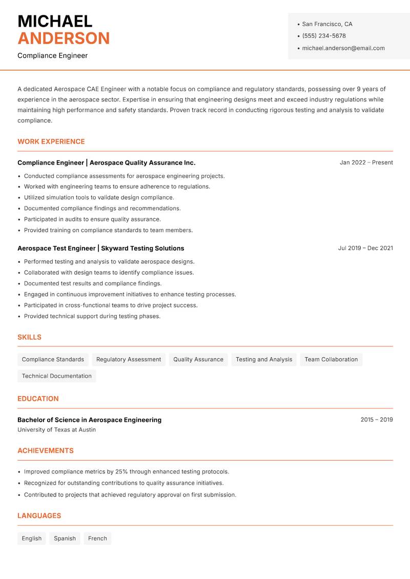 Aerospace CAE Engineer resume sample — Compliance Engineer focus