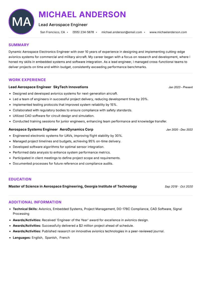Aerospace Electronics Engineer resume example — Electronics Engineering