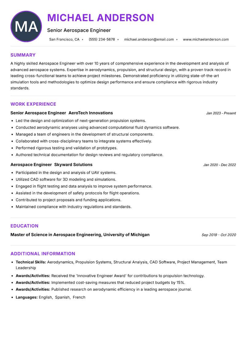 Aerospace Engineer resume example