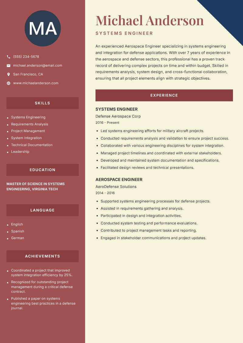 Aerospace Engineer resume sample — Systems Engineer focus