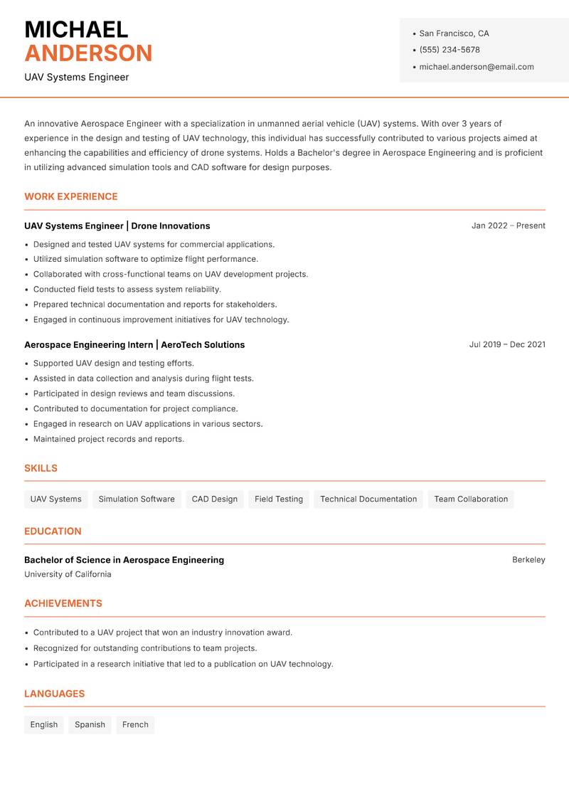 Aerospace Engineer resume sample — UAV Systems Engineer focus