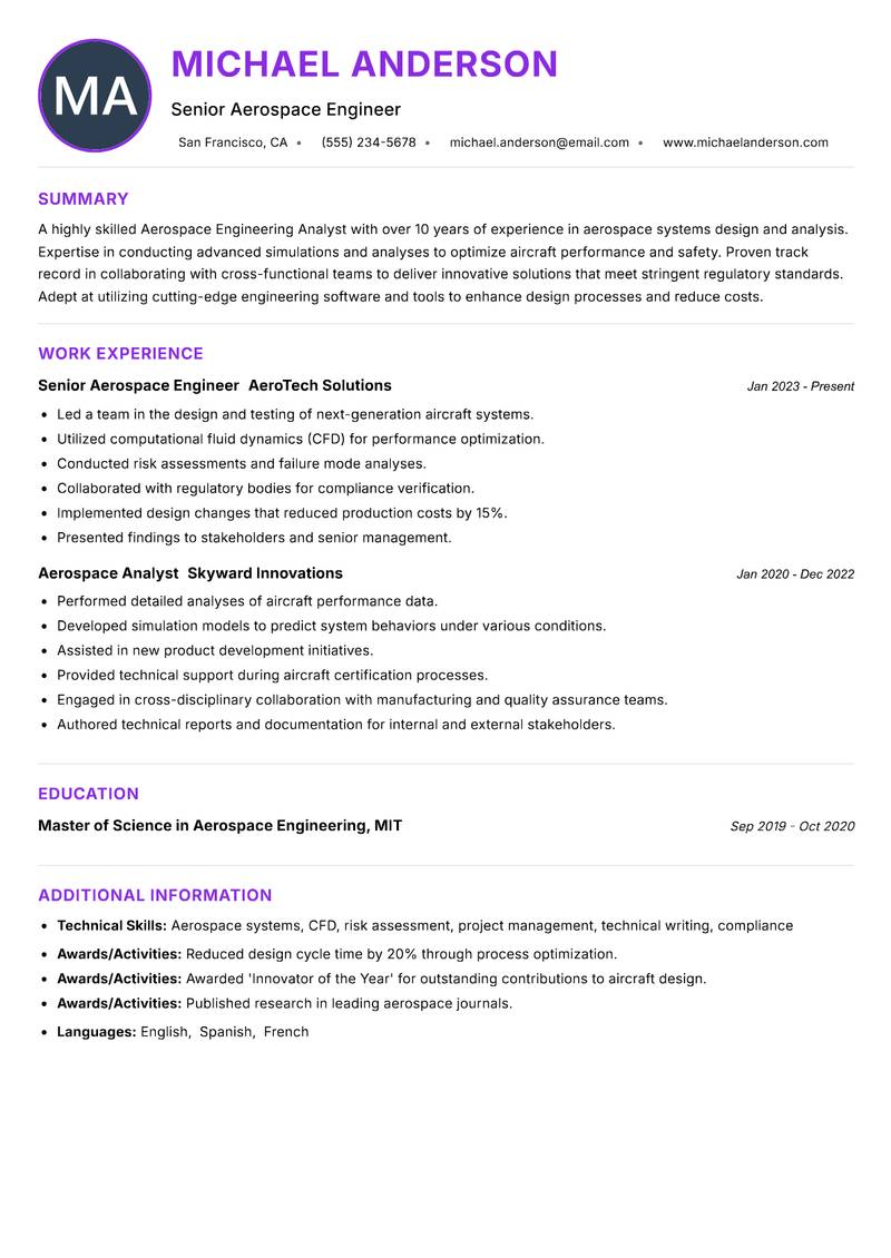 Aerospace Engineering Analyst resume example