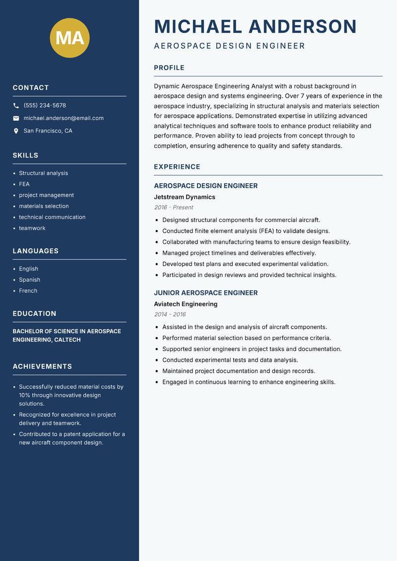 Aerospace Engineering Analyst resume sample — Aerospace Design Engineer focus