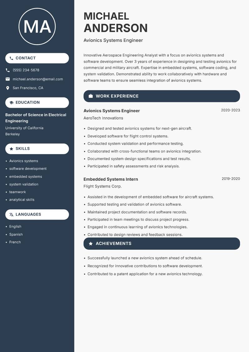 Aerospace Engineering Analyst resume sample — Avionics Systems Engineer focus