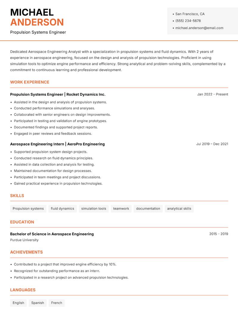 Aerospace Engineering Analyst resume sample — Propulsion Systems Engineer focus
