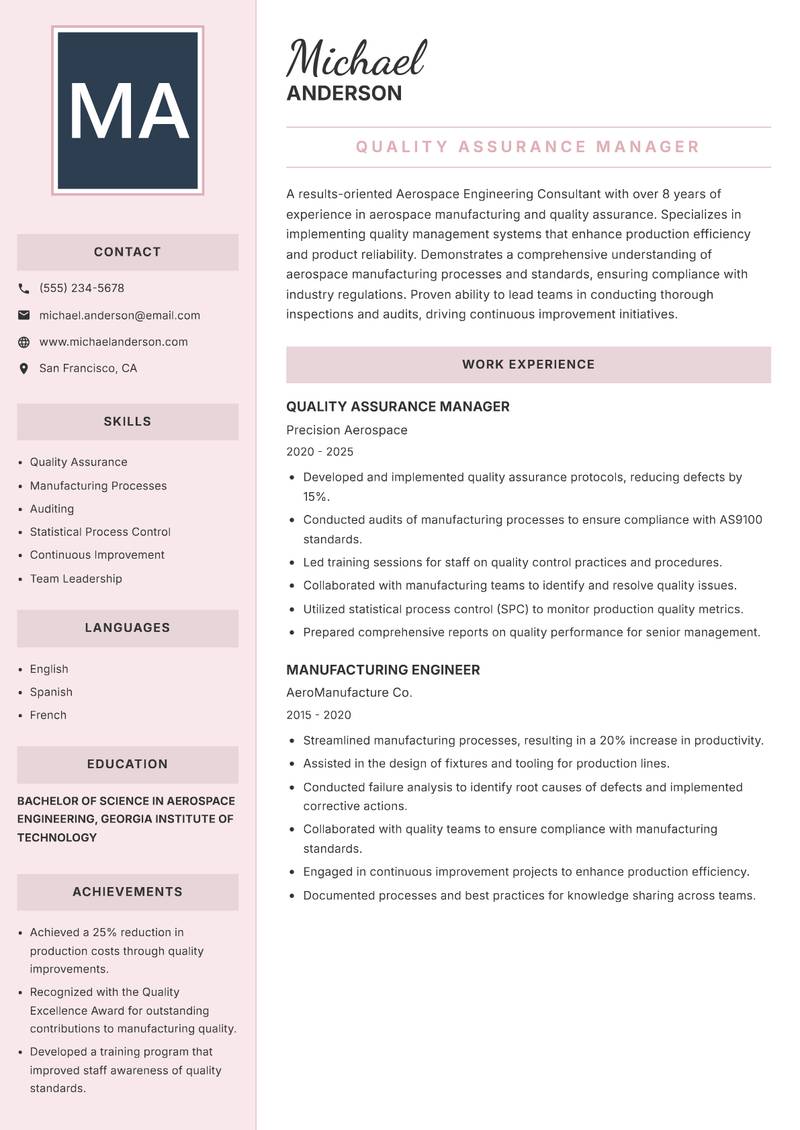 Aerospace Engineering Consultant resume sample — Quality Assurance Manager focus