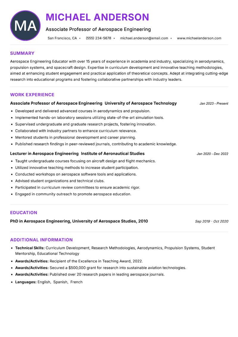 Aerospace Engineering Educator resume example