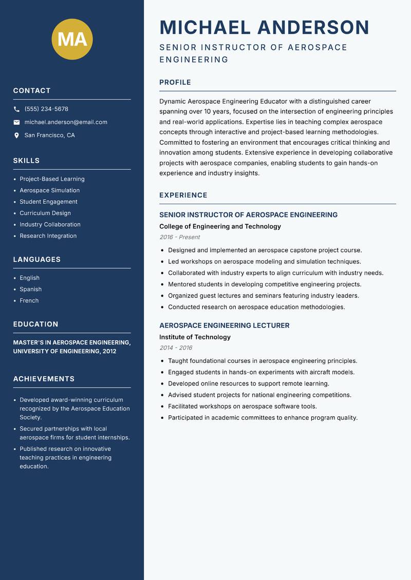 Aerospace Engineering Educator resume sample — Senior Instructor of Aerospace Engineering focus