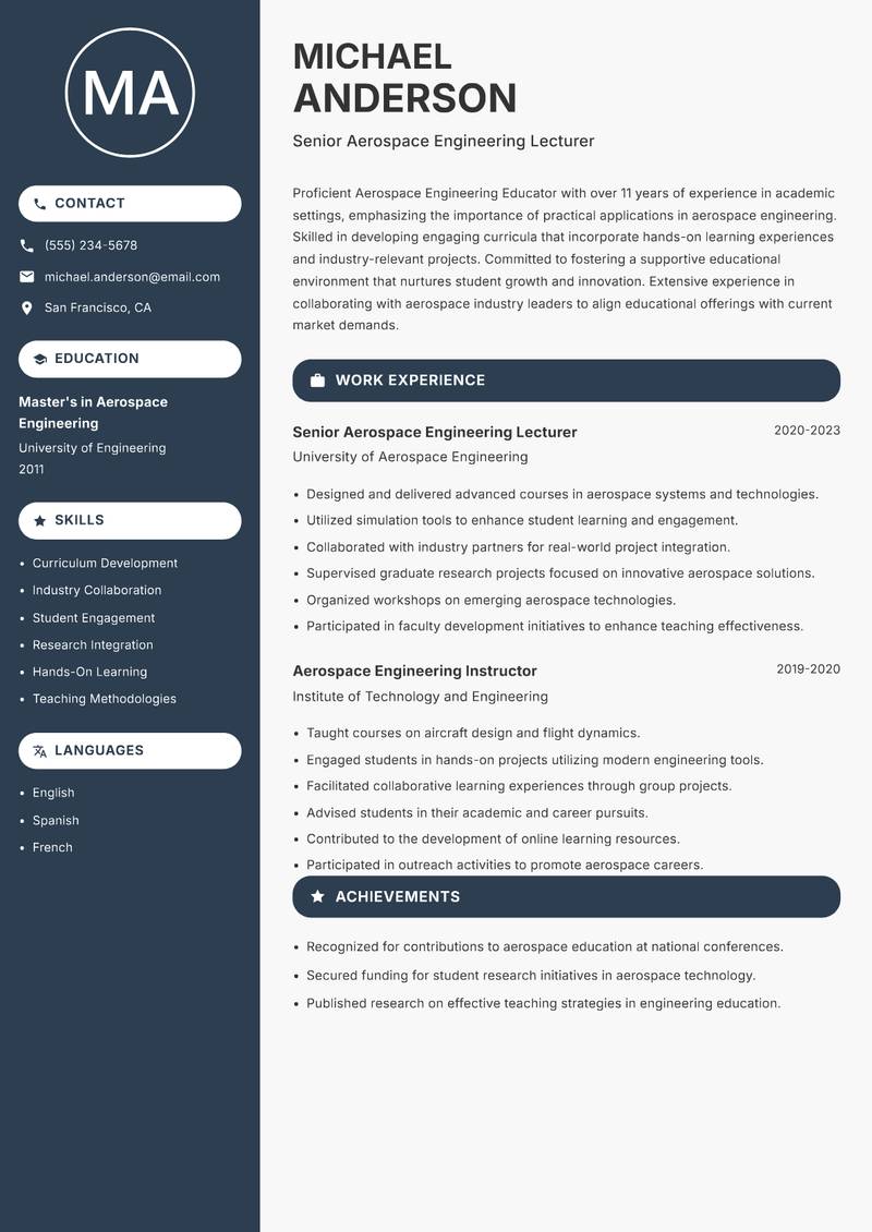 Aerospace Engineering Educator resume sample — Senior Aerospace Engineering Lecturer focus