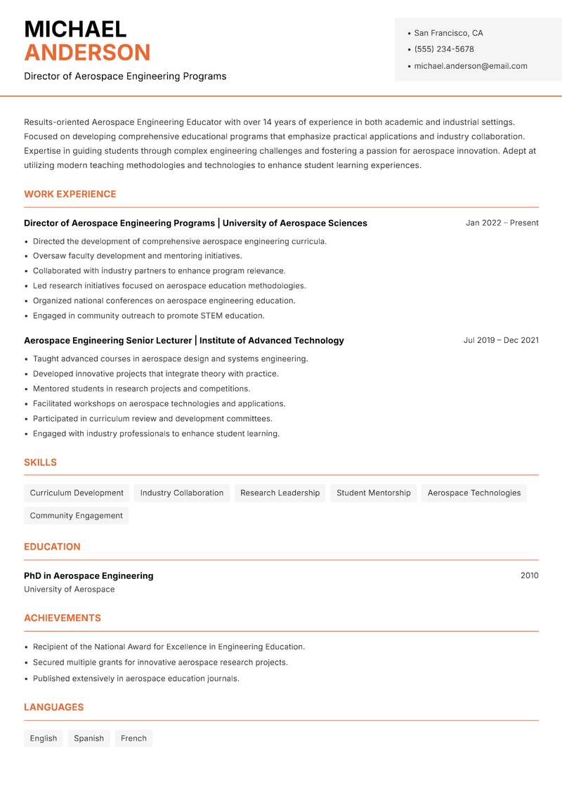 Aerospace Engineering Educator resume sample — Director of Aerospace Engineering Programs focus